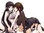  all_fours bare_shoulders black_eyes black_hair black_legwear black_vs_white breasts brown_eyes brown_hair garter_straps holding_hands jewelry key large_breasts long_hair looking_at_viewer lying mouth_hold multiple_girls necklace no_shoes on_back on_bed original pillow short_hair simple_background smile thighhighs torigoe_takumi very_long_hair white_background yuri 
