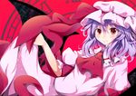  ascot bat_wings brown_eyes dress dress_lift hat hat_ribbon kan_lee older purple_hair remilia_scarlet ribbon smile solo touhou wings 