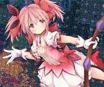  bow bow_(weapon) gloves hair_ribbon kan_lee kaname_madoka light_smile mahou_shoujo_madoka_magica pink_eyes pink_hair pink_skirt ribbon skirt solo twintails weapon 