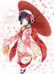  aqua_eyes black_hair bob_cut cherry_blossoms clog_sandals ech floral_background floral_print flower hair_flower hair_ornament hairband headdress highres holding ikoku_meiro_no_croisee japanese_clothes kimono lolita_hairband obi open_mouth oriental_umbrella patterned sash short_hair solo striped tabi umbrella white_legwear wide_sleeves yune_(ikoku_meiro_no_croisee) 