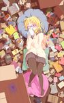  ;) blonde_hair book book_stack box brown_legwear cardboard_box covering_mouth cup glasses highres holding holding_book looking_at_viewer lying no_shoes on_back one_eye_closed open_book original pantyhose pile_of_books pillow plate purple-framed_eyewear purple_eyes rokuno school_uniform skirt smile solo tea teacup too_many too_many_books 