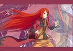  1girl alderion-al cape character_name cosplay eyeshadow francisca_alday frog_eyes highres long_hair makeup naruto naruto_shippuuden red_hair smile solo uzumaki_kushina uzumaki_naruto uzumaki_naruto_(cosplay) very_long_hair 