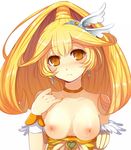  blonde_hair breasts brown_choker choker cure_peace eyelashes hair_flaps kamanatsu kise_yayoi long_hair medium_breasts nipples precure smile_precure! solo upper_body white_background wide_ponytail yellow yellow_eyes 