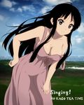  absurdres akiyama_mio black_hair blue_sky breasts cleavage cloud day dress field grass grey_eyes hand_on_hip hand_on_thigh highres horiguchi_yukiko k-on! k-on!_movie large_breasts leaning_forward looking_at_viewer ocean off_shoulder outdoors photo_background seaside singing! sky sleeveless sleeveless_dress solo strap_slip sundress 