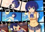  alua animal_ears ano_natsu_de_matteru arms_behind_back ball beachball bikini blue_eyes blue_hair candy_apple cat_ears closed_eyes cloud collage day film_strip food hairband japanese_clothes kimono looking_at_viewer looking_up montage mouth_hold open_mouth paw_pose school_uniform short_hair sky smile solo splashing sweater_vest swimsuit tanigawa_kanna water 