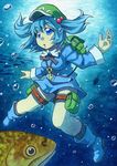  :&lt; acrylic_paint_(medium) backpack bag blue_eyes blue_hair blue_panties boots bubble fish hair_bobbles hair_ornament hat kawachi_koorogi kawashiro_nitori key open_mouth outstretched_arms panties pocket rubber_boots shirt skirt skirt_set solo spread_legs sunlight touhou traditional_media two_side_up underwear upskirt 
