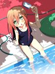  :o blush brown_hair drain_(object) dripping food gradient_hair green_eyes highres hose innertube long_hair looking_at_viewer multicolored_hair one-piece_swimsuit open_mouth original pool poolside popsicle purple_hair school_swimsuit sitting soaking_feet solo swimsuit takanashi_sora_(soramyon) tree_shade water wet 