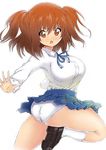  ass blue_skirt breasts brown_eyes brown_hair curvy large_breasts miniskirt panties pantyshot pleated_skirt ribbon shirt skirt socks solo standing standing_on_one_leg thighs tsukihime twintails underwear white_panties yoru_ha yumizuka_satsuki 