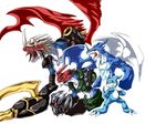  cannon claws creature dawadawa_dawasa digimon digimon_adventure_02 exveemon highres horns imperialdramon monster multiple_persona no_humans open_mouth paildramon red_eyes sharp_teeth short_hair silver_hair spikes tail teeth veemon wings 