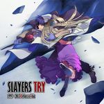  1girl blonde_hair blue_eyes boots cape character_name copyright_name dress filia_ul_copt gloves hat highres long_hair lyxu open_eyes pink_dress purple_eyes purple_hair see-through slayers slayers_try staff surprised xelloss 