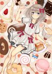  96tuki bad_id bad_pixiv_id bare_legs barefoot blue_eyes blush bow butter cake candy checkerboard_cookie chocolate chocolate_bar cookie cupcake doughnut dress food food_on_face fork french_cruller fruit grey_hair hair_bow highres holding lollipop looking_at_viewer lying macaron meiji_(brand) meiji_milk_chocolate muffin on_back original pancake plate ribbon short_hair slice_of_cake solo sponge_cake stack_of_pancakes strawberry strawberry_shortcake swirl_lollipop swiss_roll syrup toes 
