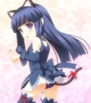  :d angel_mort animal_ears bangs bare_shoulders blue_hair blunt_bangs bow cat_ears detached_sleeves furude_rika gaou higurashi_no_naku_koro_ni long_hair looking_back open_mouth paw_pose purple_eyes smile solo standing star starry_background tail thighhighs 