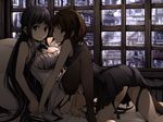  all_fours bare_shoulders bed black_eyes black_hair black_legwear black_vs_white breasts brown_eyes brown_hair building garter_straps holding_hands jewelry key large_breasts long_hair looking_at_viewer lying mouth_hold multiple_girls necklace no_shoes on_back on_bed original pillow short_hair smile thighhighs torigoe_takumi very_long_hair window yuri 