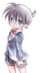  blazer blue_eyes bow bowtie brown_hair edogawa_conan glasses jacket male_focus meitantei_conan mukosuta shorts sketch solo white_background 