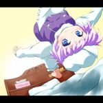  backflip barefoot bed blue_eyes breasts brooch dutch_angle frown hat jewelry letterboxed letty_whiterock long_sleeves looking_at_viewer medium_breasts open_hand outstretched_arm pants pillow purple_hair shirt short_hair solo tissue_box touhou upside-down vest waribashi-p 