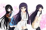  apron black_hair blue_eyes crossover daisy_(working!!) dress_shirt glasses inu_x_boku_ss kami-sama_no_memo-chou long_hair look-alike multiple_girls no_panties pantyhose purple_hair shionji_yuuko shirakiin_ririchiyo shirt stuffed_animal stuffed_toy teddy_bear thighhighs tom-ani working!! yamada_aoi 