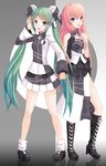  :d bad_id bad_pixiv_id black_gloves blue_eyes blush boots bow daffobird double_bun fingerless_gloves gloves green_eyes green_hair hair_bow hatsune_miku highres long_hair megurine_luka multiple_girls open_mouth pink_hair project_diva_(series) project_diva_extend skirt smile twintails ura-omote_lovers_(vocaloid) very_long_hair vocaloid 