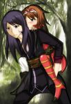  blush brown_hair gloves grey_eyes long_hair purple_hair rita_mordio short_hair tales_of_(series) tales_of_vesperia thighhighs yuri_lowell 