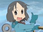  :d black_eyes black_hair cosplay dotechin kaze_no_tani_no_nausicaa looking_at_viewer nausicaa nausicaa_(cosplay) nichijou open_mouth parody pun shinonome_nano short_hair sky smile solo thumbs_up winding_key 