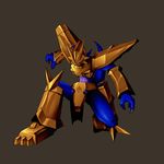  armor claws digimon digimon_adventure_02 gauntlets gold horns kazkazkaz magnamon monster no_humans one_knee red_eyes shoulder_pads solo tail 