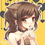 animal_ears bad_id bad_pixiv_id bare_shoulders blush brown_hair choker dated earrings extra_ears heart jewelry lowres momoko_(momopoco) open_mouth original paw_pose ponytail short_hair signature solo upper_body yellow_background yellow_eyes 