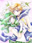  back_bow bishoujo_senshi_sailor_moon blonde_hair blue_choker blue_eyes blue_sailor_collar blue_skirt bow choker colored_pencil_(medium) earrings flower gloves green_hair highres holding_hands jewelry kaiou_michiru lily_(flower) long_hair magical_girl multiple_girls outer_senshi pleated_skirt ribbon sailor_collar sailor_neptune sailor_senshi sailor_senshi_uniform sailor_uranus short_hair skirt smile star star_choker super_sailor_neptune super_sailor_uranus ten'ou_haruka tiara tomo_(rocket_start!) traditional_media very_short_hair watercolor_(medium) white_gloves yellow_bow yuri 