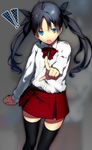  1girl bad_id bad_pixiv_id black_hair black_legwear blue_eyes fate/zero fate_(series) hair_ribbon highres long_hair pointing ribbon shirotaka_(5choume) solo thighhighs toosaka_rin twintails younger zettai_ryouiki 