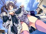  1girl censored cg eyes_closed female frills game_cg girl hair_ornament legwear maid outdoors panties pigeon_blood sky solo stockings thighhighs underwear 