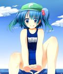  :p bad_id bad_pixiv_id blue_eyes blue_hair dx_(dekusu) hair_bobbles hair_ornament hat highres interlocked_fingers kawashiro_nitori licking_lips one-piece_swimsuit school_swimsuit short_hair sitting solo swimsuit tongue tongue_out touhou two_side_up v_arms 