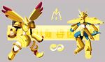  arm_cannon armor blue_eyes bunny_ears digimon digimon_adventure_02 gauntlets gold horn horns magnamon monster no_humans rapidmon_armor red_eyes runes shoulder_pads waking_dreamer weapon 