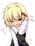  blonde_hair blush ear_cleaning eargasm hair_ribbon mimikaki one_eye_closed open_mouth red_eyes ribbon rumia shamo_(koumakantv) short_hair simple_background solo sweatdrop tears touhou translation_request trembling white_background 