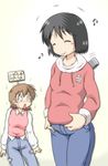  aioi_yuuko black_hair brown_hair casual closed_eyes commentary denim gaketsu happy highres ips_cells jeans multiple_girls musical_note nichijou older open_mouth pants pregnant shinonome_nano short_hair trembling winding_key 