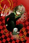  4_(nakajima4423) bad_id bad_pixiv_id brown_hair checkered checkered_background danganronpa danganronpa_1 hands_in_pockets hood hoodie male_focus naegi_makoto silver_hair smile solo 