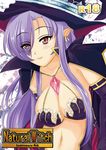  breasts cover crown earrings fatima hair_over_one_eye hat jewelry long_hair luminous_arc luminous_arc_2 navel pointy_ears purple_hair red_eyes witch_hat 