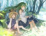  arm_up bare_legs barefoot blonde_hair brown_eyes detached_sleeves feet forest frog frog_hair_ornament green_eyes green_hair hair_ornament hair_ribbon hat highres kochiya_sanae moriya_suwako multiple_girls nature open_mouth ribbon river shirt sitting skirt skirt_lift skirt_set smile snake soaking_feet touhou vest zrero 