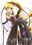  black_gloves black_legwear blonde_hair blush breasts cleavage cosplay diesel-turbo dress elbow_gloves fate_testarossa gloves hair_ribbon long_hair lyrical_nanoha mahou_shoujo_lyrical_nanoha_strikers maxima_enfield maxima_enfield_(cosplay) medium_breasts mizuki_nana open_mouth ponytail red_eyes ribbon seiyuu_connection shining_(series) shining_hearts solo sword thighhighs very_long_hair weapon 