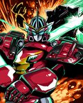  explosion fangs glowing glowing_eyes horn kitsune-tsuki_(getter) mecha no_humans solo super_sentai sword tokumei_sentai_go-busters weapon 