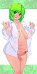  1girl bottomless breasts condom condom_filling condom_on_penis cum cum_on_body cum_on_upper_body erect_nipples full-package_futanari futanari green_eyes green_hair large_breasts long_breasts long_nipples nipples open_clothes open_shirt original oshiruko_(artist) oshiruko_(shiruko) penis see-through shirt short_hair solo uncensored used_condom used_condoms 