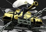  blonde_hair casual caterpillar_tracks chain crossed_legs enkidu_(weapon) fate/stay_night fate_(series) from_below gilgamesh ground_vehicle high_contrast kon_manatsu male_focus military military_vehicle motor_vehicle namesake red_eyes self-propelled_gun sitting solo tank 