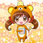  :d animal_costume bad_id bad_pixiv_id brown_eyes brown_hair eyelashes floral_background food full_body fuu-chan_(precure) hat isumi_(i-spixi) long_hair open_mouth popcorn precure precure_all_stars_new_stage:_mirai_no_tomodachi rilakkuma sakagami_ayumi san-x smile solo twintails wand yellow_background 