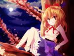  bad_id bad_pixiv_id blonde_hair bow cherry_blossoms cloud full_moon gourd hair_bow horn_ribbon horns ibuki_suika in_tree long_hair moon night night_sky open_mouth petals red_eyes ribbon shirt sitting sitting_in_tree skirt sky sleeveless sleeveless_shirt solo touhou tree uranaishi_(miraura) wrist_cuffs 