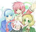  blonde_hair blue_eyes blue_hair blue_hairband bob_cut braid brown_eyes glasses green_eyes green_shirt hairband hououji_fuu kokorouta long_hair magic_knight_rayearth mokona multiple_girls pink_hair round_eyewear ryuuzaki_umi school_uniform shidou_hikaru shirt single_braid smile waving 