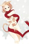  animal_ears brown_hair cat censored convenient_censoring green_eyes hrd naked_scarf nude original red_scarf scarf short_hair solo 