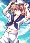  adjusting_clothes adjusting_hat bad_id bad_pixiv_id blonde_hair blue_sailor_collar cloud day hat kitashirakawa_chiyuri midriff navel neckerchief sailor sailor_collar sailor_hat short_hair shorts sky smile solo touhou touhou_(pc-98) twintails uranaishi_(miraura) yellow_eyes 