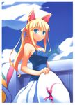  absurdres animal_ears bare_shoulders blonde_hair blue_eyes blue_sky cloud day hair_ribbon hat hat_ribbon highres long_hair nanakusa original ponytail ribbon skirt sky smile solo strapless sun_hat tiger_ears 