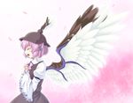  animal_ears closed_eyes hands_on_own_chest hat isaki_(gomi) large_wings long_sleeves mystia_lorelei open_mouth pink_background pink_hair profile short_hair solo touhou wide_sleeves winged_hat wings 