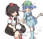  backpack bag black_hair blue_eyes blue_hair blush breasts brown_eyes cattail geta hair_bobbles hair_ornament hat kawashiro_nitori key medium_breasts monosenbei multiple_girls one_eye_closed open_mouth plant running shameimaru_aya shirt short_hair skirt small_breasts smile tengu-geta tokin_hat touhou two_side_up wrist_grab 