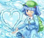  backpack bag bloomers blue_eyes blue_hair blush breasts cucumber hair_bobbles hair_ornament hat heart kawashiro_nitori key medium_breasts monosenbei one_eye_closed open_mouth short_hair skirt skirt_set smile solo touhou two_side_up underwear water 