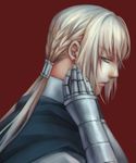  armor bedivere blonde_hair blue_eyes braid cape earrings fate/stay_night fate_(series) french_braid gauntlets hand_on_own_face jewelry kanmuri_(hanyifan30338) male_focus red_background simple_background solo twintails 