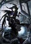  arm_cannon black_hair black_rock_shooter black_rock_shooter_(character) blue_eyes chain checkered coat dead_master green_eyes highres horns long_hair multiple_girls pankusa smile twintails weapon wings 